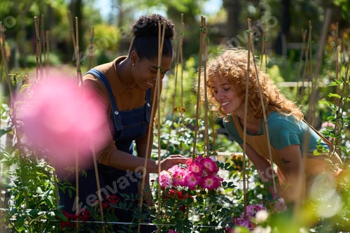 Preview: Gardeners taking care of roses in a plant nursery