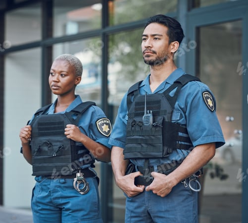 Preview: Security, police team and people in city for working, inspection and supervision on patrol shift. S