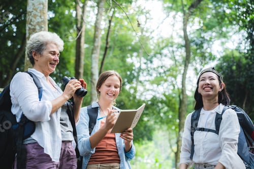 Preview: female backpacker group traveling in wild forest, Attractive girl traveler look around