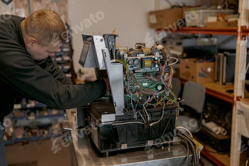 Preview: Male electrician repairing coffee machine in workshop