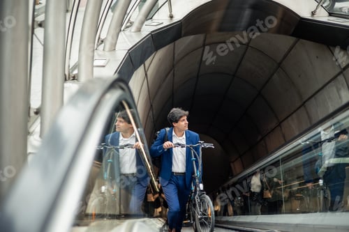 Preview: Sustainable Urban Commute: Businessman with Folding E-Bike