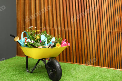 Preview: Wheelbarrow with flowers and gardening tools near wooden wall. Space for text