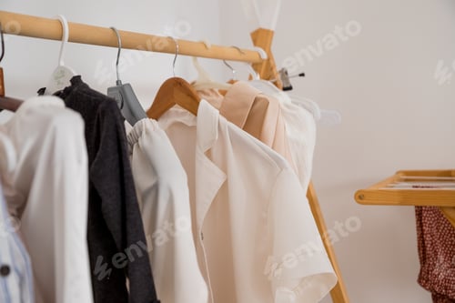 Preview: Clothing on hanger at the modern shop boutique Fashionable stylish womens clothing on a hanger