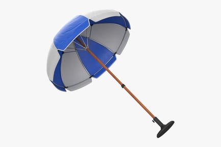 Preview: Blue and Gray Striped Umbrella with Brown Pole and Black Base