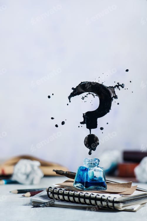 Preview: Spilled ink flying above inkwell in a splash in form of a question mark on a light background. Still