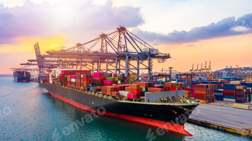 Preview: Container Ship at Sunset Docking in Busy Port