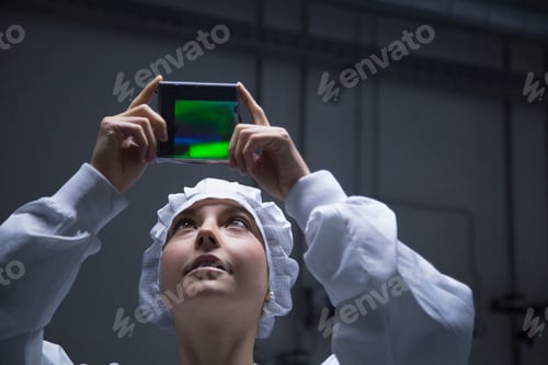Preview: Young female technician looking at holography test in a labroratory
