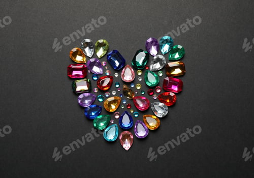 Preview: Heart made of beautiful gemstones on dark background, flat lay
