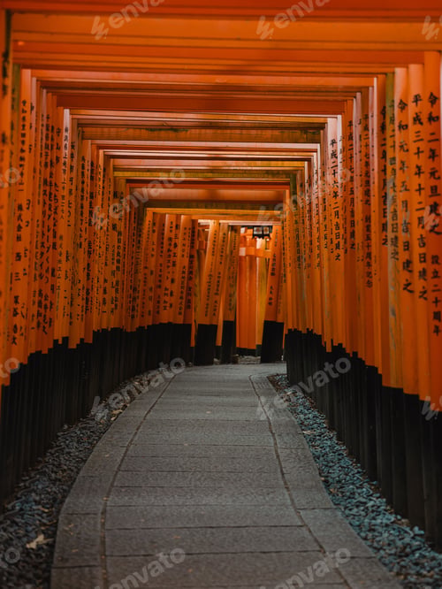 Preview: Picturesque footpath with a vivid orange tori gate spanning across it