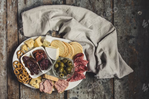 Preview: Dish With Cheese And Cheese Assortment - Cheese, Salami, Crackers, Olives, Dried Tomatoes And Plums
