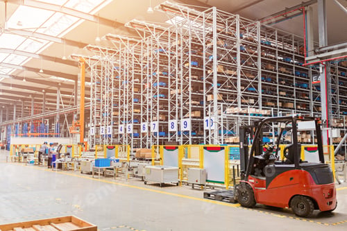 Preview: Forklift on Automatic modern warehouse with shelves of goods