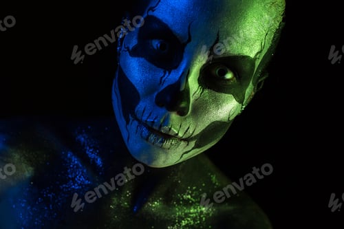 Preview: Attractive spooky girl with skeleton makeup