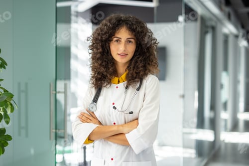 Preview: Confident female doctor with curly hair and stethoscope standing in modern hospital corridor