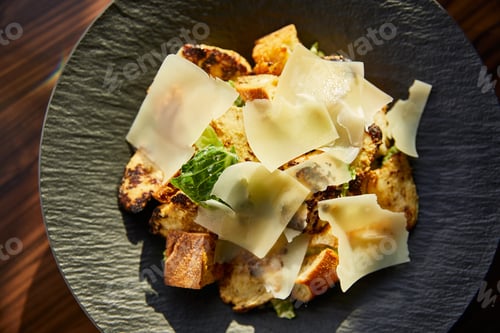 Preview: close up view of tasty Caesar salad with Parmesan slices served on plate in sunlight