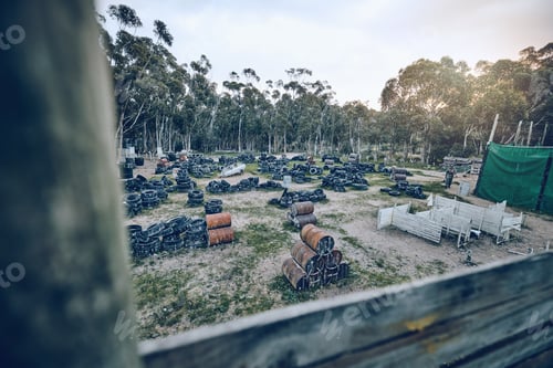 Preview: Paintball field, no people and battle army ground in nature in the morning on a battlefield. Traini