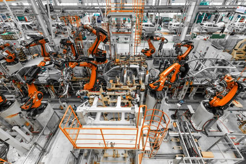 Preview: Photo of automobile production line. Welding car body. Modern car assembly plant. Top view