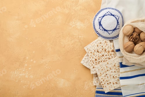 Preview: Passover Pesah celebration concept. Matzah, kosher red wine, walnut and white and yellow roses. Trad