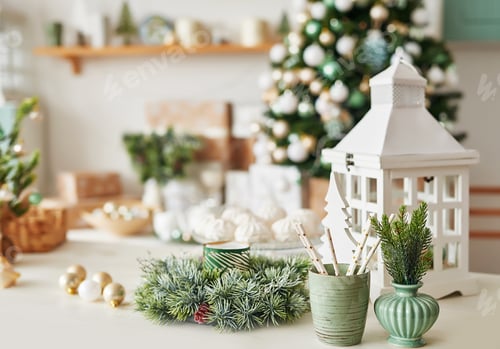 Preview: Christmas decor in kitchen. Christmas tableware.