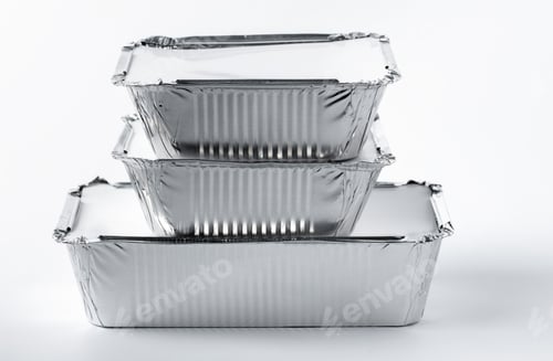 Preview: Foil food box with takeaway meal on white background