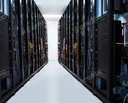 Preview: Cropped shot of the inside of a computer with all of its wiring located in a server room