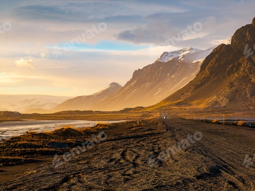 Preview: Vestrahorn mountain with black volcanic lava sand dunes at sunset, Stokksnes, Iceland
