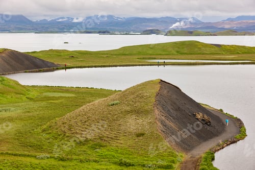 Preview: Icelandic landscape. Calm waters and lava formations. Myvatn. Iceland