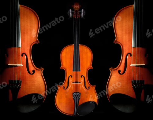 Preview: Closeup Violin orchestra musical instruments on black background