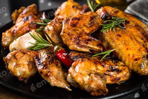 Preview: Grilled chicken wings with spices in black plate.