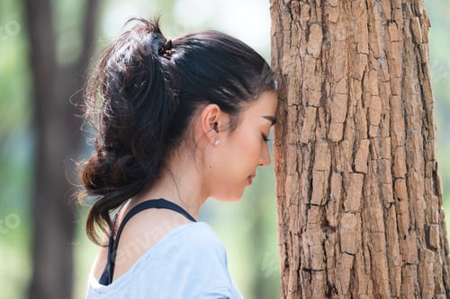 Preview: Asian woman using hands to hugging a tree in forest, Environment earth day or green sustainable