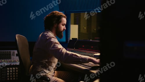 Preview: Man Works at Audio Mixing Board in Studio
