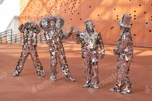 Preview: Performers in mirror costumes posing at Expo 2020 in Dubai, fun times
