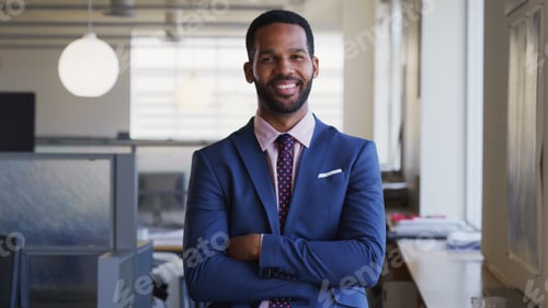 Preview: Portrait Of Smiling Businessman With Folded Arms Wearing Suit Working In Empty Open Plan Office