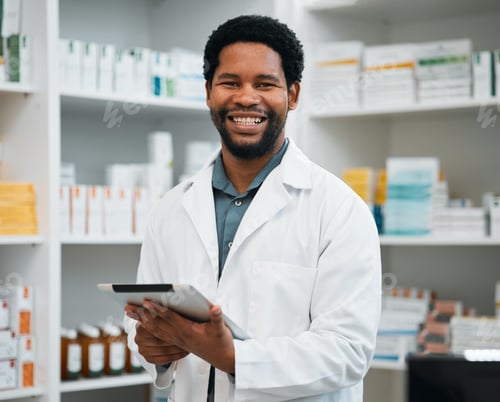 Preview: Pharmacy portrait, pharmacist man and tablet in medicine management, stock research or inventory sh