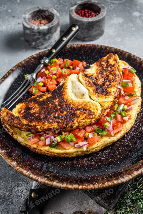 Preview: Stuffed egg omelet with tomato, onion and herbs on a plate. Gray background. Top view