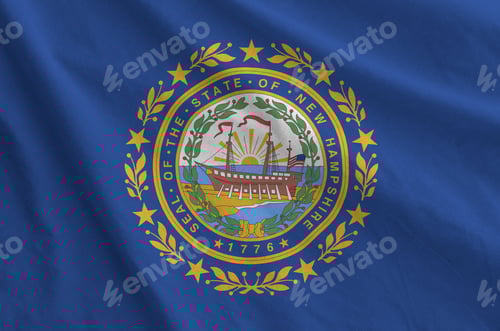 Preview: New Hampshire US state flag depicted on folded wavy fabric of old cloth