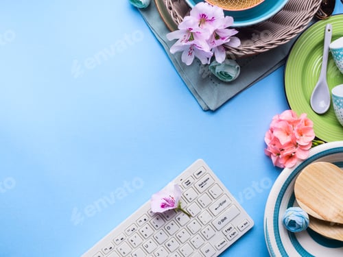 Preview: Tableware dish set on blue pastel background