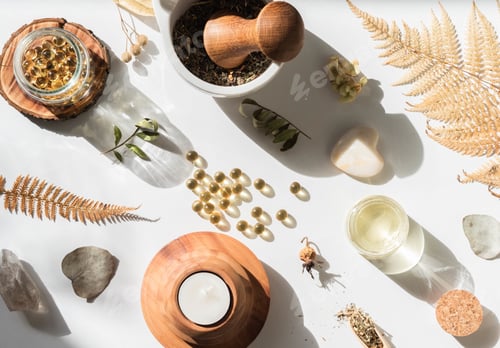 Preview: Organic natural product - oils and various dry plants for health on white background in the sunlight