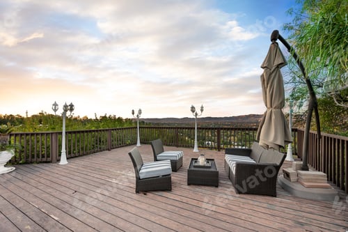Preview: Outdoor furniture on wooden patio with trees in Encino, California