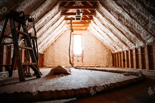 Preview: Inside view of an attic covered with spray foam