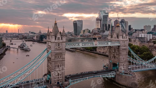 Preview: Aerial view of Tower Bridge at pinky dreamy sunset in London