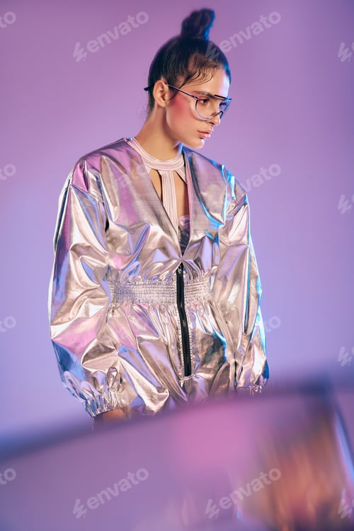 Preview: Futuristic fashion blends vibrant holographic colors with stylish attire on a beautiful woman