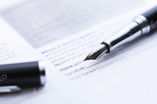 Preview: Signing the business contract. Fountain pen and document.