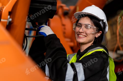 Preview: A team engineers meeting to inspect computer-controlled steel welding robots.