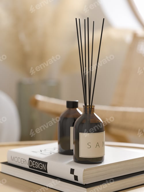 Preview: Aroma glass diffuser with black sticks in japandi interior