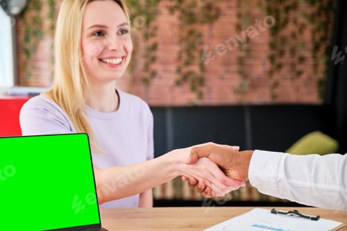 Preview: defocused blonde girl handshake with african american guy in an office