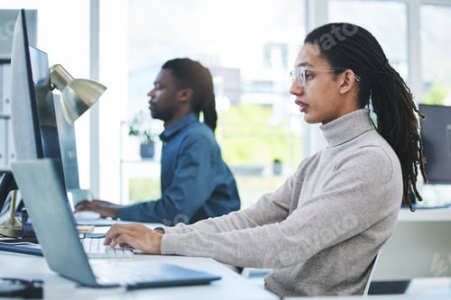 Preview: Business people, computer and typing in office for marketing research, multimedia planning or copyw