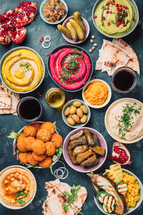 Vista previa: Mediterranean appetizer concept. Arabic traditional cuisine. Middle Eastern meze with pita, olives