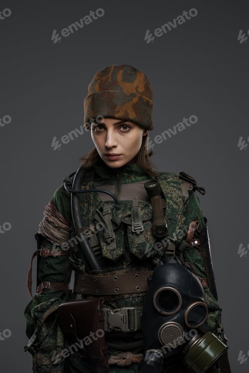 Preview: Portrait of a woman in military attire against a gray background