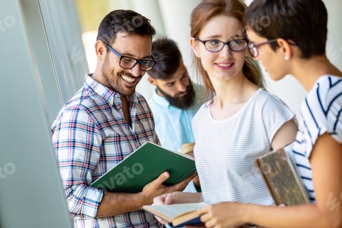 Preview: Happy group of success students studying and working together in a college library