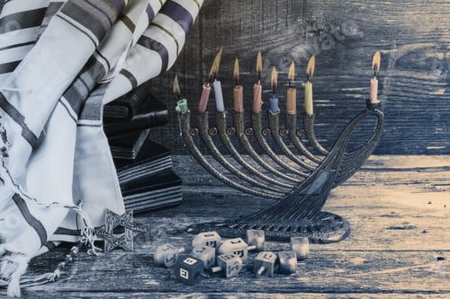 Preview: Jewish holiday hannukah symbols - menorah, doughnuts, chockolate coins and wooden dreidels